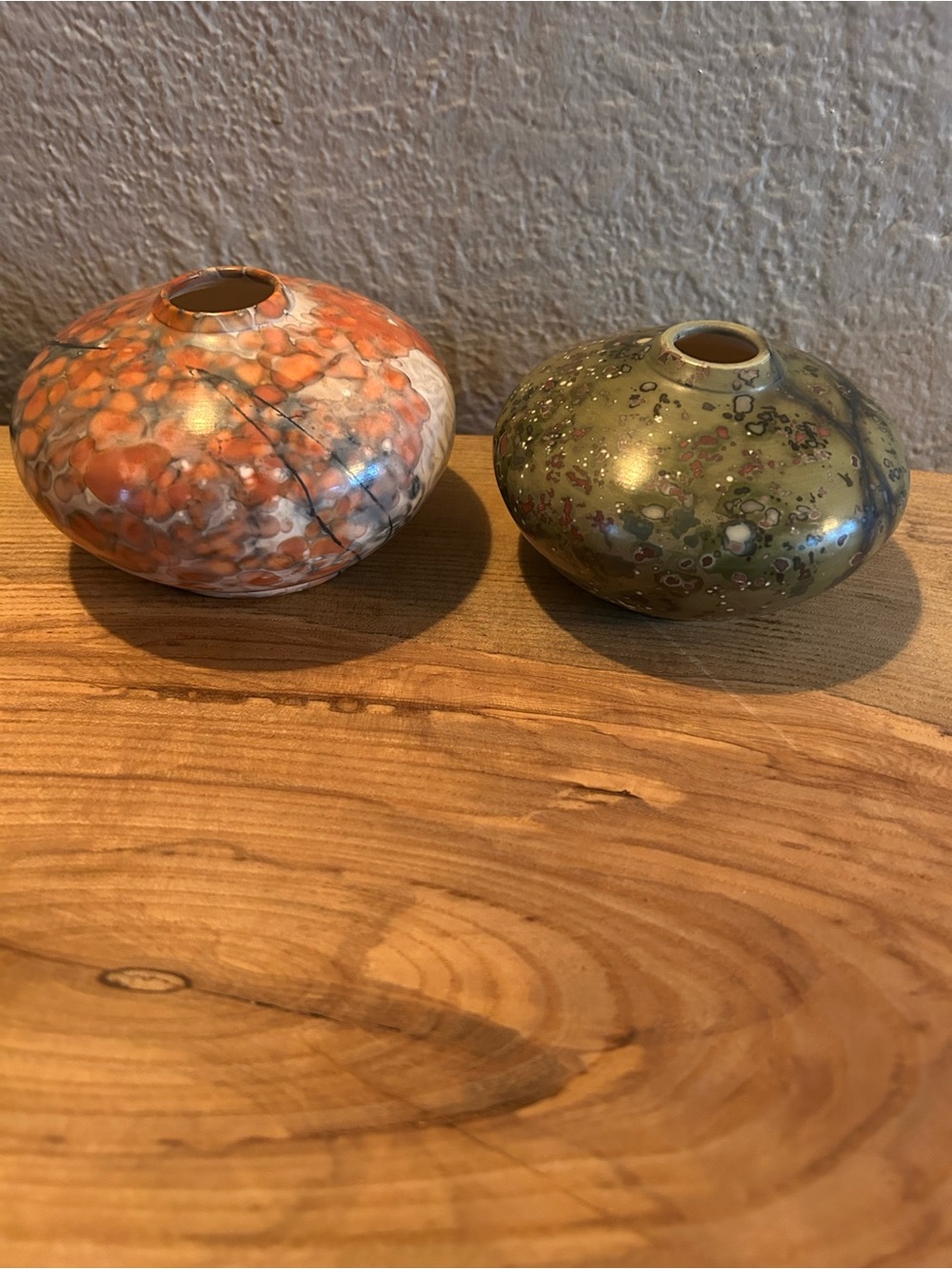 Pair Tom Handa Signed Studio Art Pottery Weed Pots - Crystalline & Saggar Fired